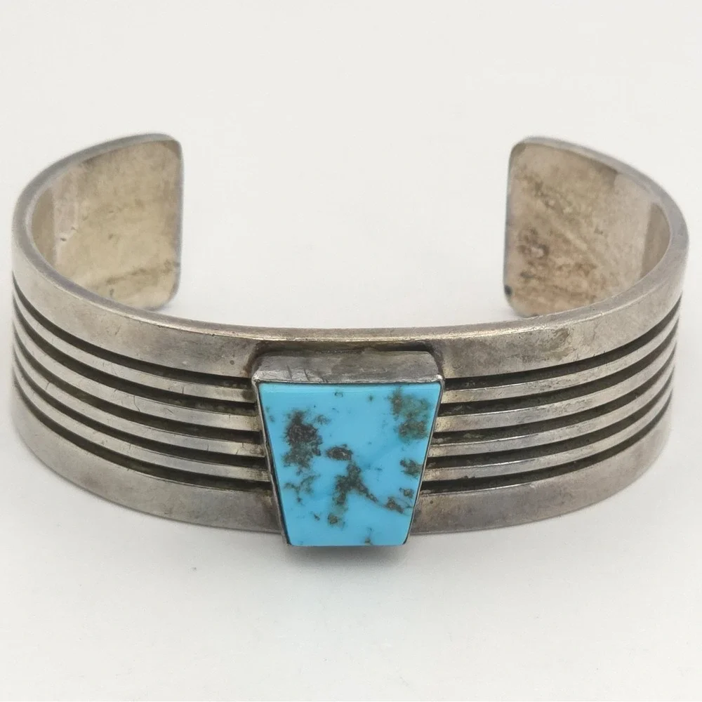 Sterling Silver Cuff Ridged Bracelet Kingman Black Web Turquoise Abstract NA